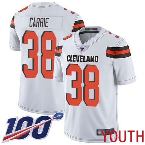 Cleveland Browns T J Carrie Youth White Limited Jersey #38 NFL Football Road 100th Season Vapor Untouchable